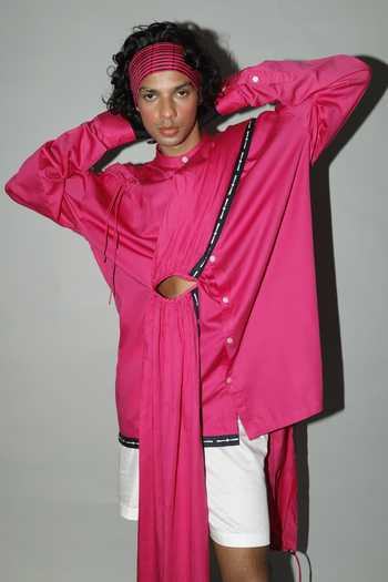 Saim_Fuchsia Cotton Cutout Saree Draped Shirt _Online_at_Aza_Fashions