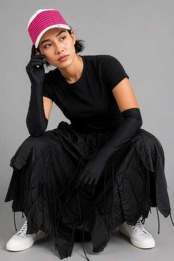 Saim_Black Cotton Panel Fringed Skirt _Online_at_Aza_Fashions