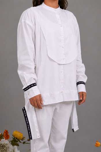 Saim_White Cotton Mandarin Collar Deconstructed Kurta Yoke Shirt _Online_at_Aza_Fashions