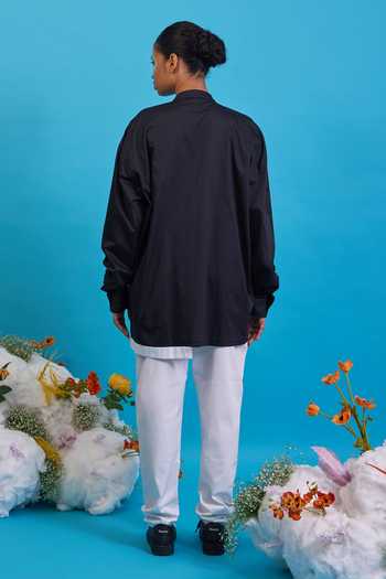 Shop Saim Black Cotton Mandarin Collar Cut Out Fringed Shirt at Aza Fashions Shop_Saim_Black Cotton Mandarin Collar Cut Out Fringed Shirt _at_Aza_Fashions