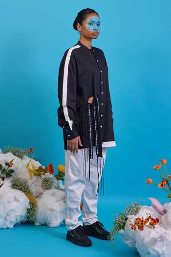 Saim Black Cotton Mandarin Collar Cut Out Fringed Shirt Online at Aza Fashions Saim_Black Cotton Mandarin Collar Cut Out Fringed Shirt _Online_at_Aza_Fashions