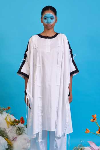 Saim_White Cotton Round Neck Suspender Kaftan And Trouser Set _Online_at_Aza_Fashions