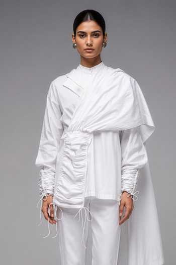 Shop Saim White Cotton Mandarin Collar Pocket Saree Draped Shirt Online at Aza Fashions Shop_Saim_White Cotton Mandarin Collar Pocket Saree Draped Shirt _Online_at_Aza_Fashions