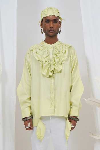 Saim Green Cotton Gathered Double Hoodie Shirt at Aza Fashions Saim_Green Cotton Gathered Double Hoodie Shirt _at_Aza_Fashions