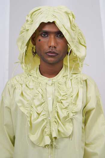 Buy_Saim_Green Cotton Gathered Double Hoodie Shirt 
