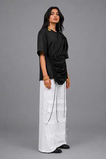Shop Saim Black Cotton Round Neck Pocket Saree Draped Gathered T Shirt Online at Aza Fashions Shop_Saim_Black Cotton Round Neck Pocket Saree Draped Gathered T Shirt _Online_at_Aza_Fashions