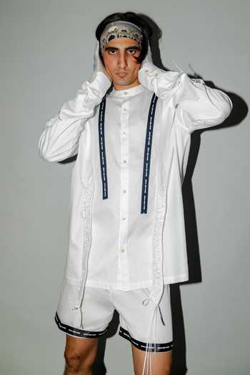 Saim_White Cotton Gathered Suspender Shirt _Online_at_Aza_Fashions