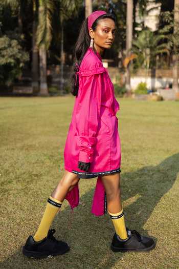 Buy_Saim_Fuchsia Cotton Mandarin Collar Cut Out Saree Draped Shirt _Online_at_Aza_Fashions