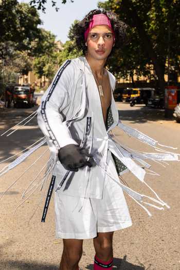 Saim_Grey Cotton Cut Out Fringed Jacket _at_Aza_Fashions