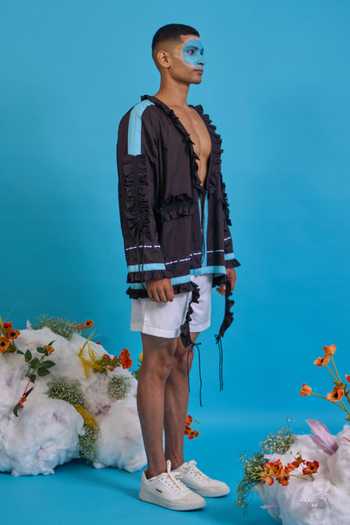Saim_Black Cotton Gathered Ruffled Jacket _Online_at_Aza_Fashions