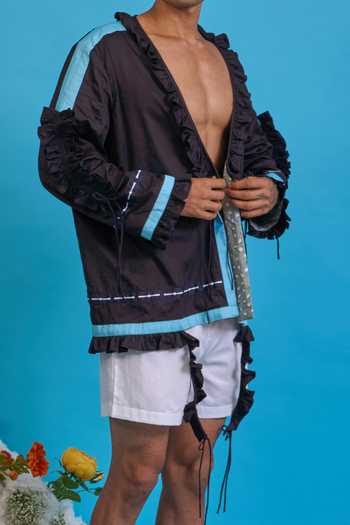 Buy_Saim_Black Cotton Gathered Ruffled Jacket _Online_at_Aza_Fashions