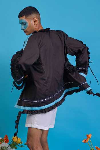 Shop_Saim_Black Cotton Gathered Ruffled Jacket _Online_at_Aza_Fashions