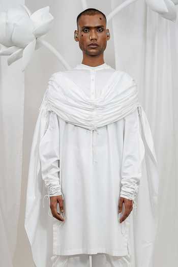 Saim White Cotton Gathered Hoodie Kurta Set Online at Aza Fashions Saim_White Cotton Gathered Hoodie Kurta Set _Online_at_Aza_Fashions