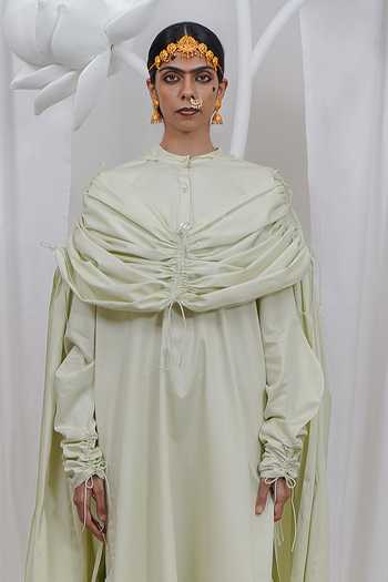 Buy Saim Green Cotton Gathered Draped Hoodie Kurta Set Online at Aza Fashions Buy_Saim_Green Cotton Gathered Draped Hoodie Kurta Set _Online_at_Aza_Fashions