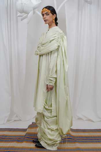 Shop Saim Green Cotton Gathered Draped Hoodie Kurta Set Online at Aza Fashions Shop_Saim_Green Cotton Gathered Draped Hoodie Kurta Set _Online_at_Aza_Fashions