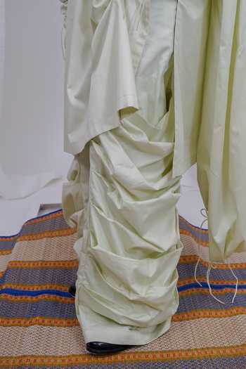 Shop Saim Green Cotton Gathered Draped Hoodie Kurta Set Shop_Saim_Green Cotton Gathered Draped Hoodie Kurta Set