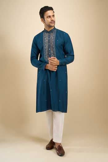 Buy Arihant Rai Sinha Blue Silk, Viscose, Polyester Placket Embroidered Kurta Set Buy_Arihant Rai Sinha_Blue Silk, Viscose, Polyester Placket Embroidered Kurta Set
