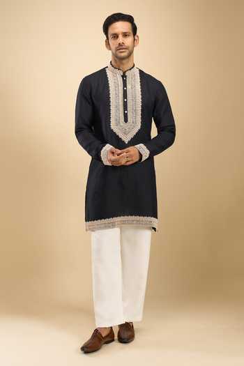 Shop Arihant Rai Sinha Blue Linen, Viscose, Polyester Dori Embroidered Placket Kurta Set Shop_Arihant Rai Sinha_Blue Linen, Viscose, Polyester Dori Embroidered Placket Kurta Set