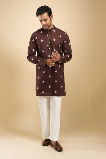 Shop Arihant Rai Sinha Brown Cotton, Linen, Viscose, Thread Embroidered Buttis Short Kurta Set Shop_Arihant Rai Sinha_Brown Cotton, Linen, Viscose, Thread Embroidered Buttis Short Kurta Set