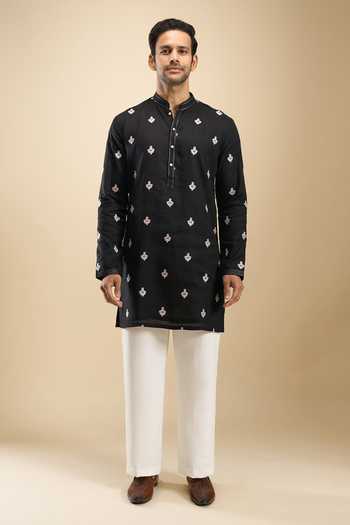 Buy Arihant Rai Sinha Black Cotton, Linen, Viscose, Polyester Floral Thread Work Short Kurta Set Online at Aza Fashions Buy_Arihant Rai Sinha_Black Cotton, Linen, Viscose, Polyester Floral Thread Work Short Kurta Set _Online_at_Aza_Fashions
