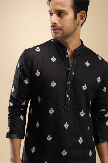 Shop Arihant Rai Sinha Black Cotton, Linen, Viscose, Polyester Floral Thread Work Short Kurta Set Online at Aza Fashions Shop_Arihant Rai Sinha_Black Cotton, Linen, Viscose, Polyester Floral Thread Work Short Kurta Set _Online_at_Aza_Fashions