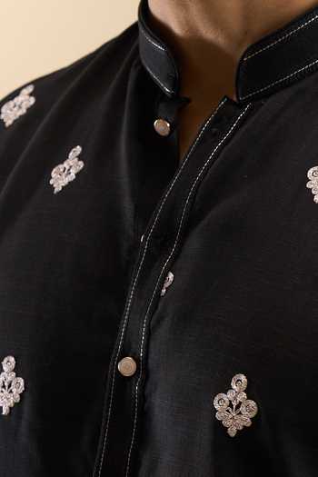 Arihant Rai Sinha Black Cotton, Linen, Viscose, Polyester Floral Thread Work Short Kurta Set at Aza Fashions Arihant Rai Sinha_Black Cotton, Linen, Viscose, Polyester Floral Thread Work Short Kurta Set _at_Aza_Fashions