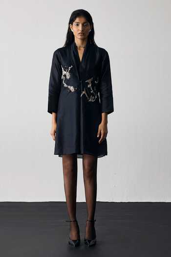 Notsosure_Black Silk, Dupion Shawl Neck Hand Embroidered Dress _Online_at_Aza_Fashions