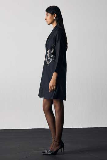 Buy_Notsosure_Black Silk, Dupion Shawl Neck Hand Embroidered Dress _Online_at_Aza_Fashions