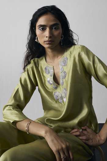 Notsosure_Green Silk, Dupion Split V-neck Embroidered Top And Pant Set _Online_at_Aza_Fashions