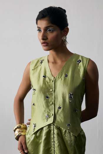 Buy Notsosure Green Silk, Dupion V-neck Hand Embroidered Vest Dress Online at Aza Fashions Buy_Notsosure_Green Silk, Dupion V-neck Hand Embroidered Vest Dress _Online_at_Aza_Fashions