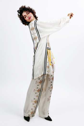 Saim_Off White Silk Suspender Stripe Pattern Shirt And Trouser Set _Online_at_Aza_Fashions