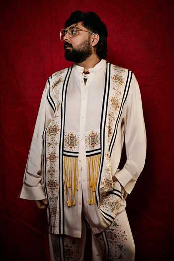 Saim_Off White Silk Suspender Stripe Pattern Shirt And Trouser Set _at_Aza_Fashions