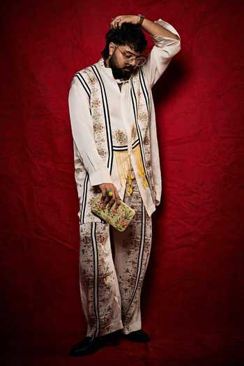 Buy_Saim_Off White Silk Suspender Stripe Pattern Shirt And Trouser Set 