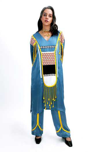 Saim Geometric Tassels Silk Kurta & Trouser Set 