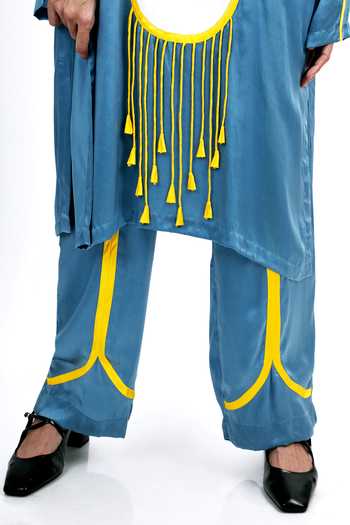 Saim Blue Silk V-neck, Yes Geometric Tassels Kurta And Trouser Set Online at Aza Fashions Saim_Blue Silk V-neck, Yes Geometric Tassels Kurta And Trouser Set _Online_at_Aza_Fashions