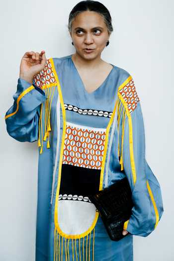Shop Saim Blue Silk V-neck, Yes Geometric Tassels Kurta And Trouser Set Online at Aza Fashions Shop_Saim_Blue Silk V-neck, Yes Geometric Tassels Kurta And Trouser Set _Online_at_Aza_Fashions