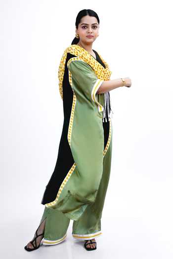 Saim Black Silk V-neck Scallop Draped Kaftan And Trouser Set Online at Aza Fashions Saim_Black Silk V-neck Scallop Draped Kaftan And Trouser Set _Online_at_Aza_Fashions