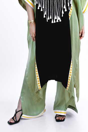 Buy Saim Black Silk V-neck Scallop Draped Kaftan And Trouser Set Online at Aza Fashions Buy_Saim_Black Silk V-neck Scallop Draped Kaftan And Trouser Set _Online_at_Aza_Fashions
