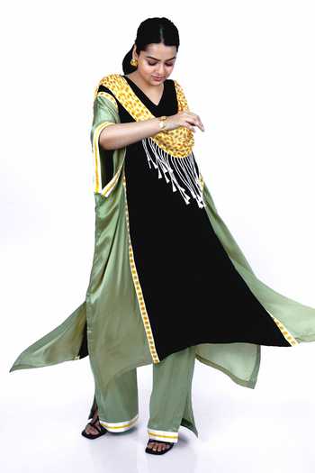 Shop Saim Black Silk V-neck Scallop Draped Kaftan And Trouser Set Online at Aza Fashions Shop_Saim_Black Silk V-neck Scallop Draped Kaftan And Trouser Set _Online_at_Aza_Fashions