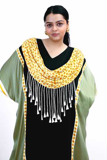 Saim Black Silk V-neck Scallop Draped Kaftan And Trouser Set at Aza Fashions Saim_Black Silk V-neck Scallop Draped Kaftan And Trouser Set _at_Aza_Fashions