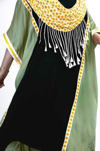 Buy Saim Black Silk V-neck Scallop Draped Kaftan And Trouser Set Buy_Saim_Black Silk V-neck Scallop Draped Kaftan And Trouser Set