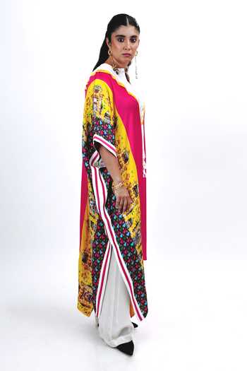 Saim_Pink Silk Split V-neck Panelled Kaftan And Trouser Set _Online_at_Aza_Fashions