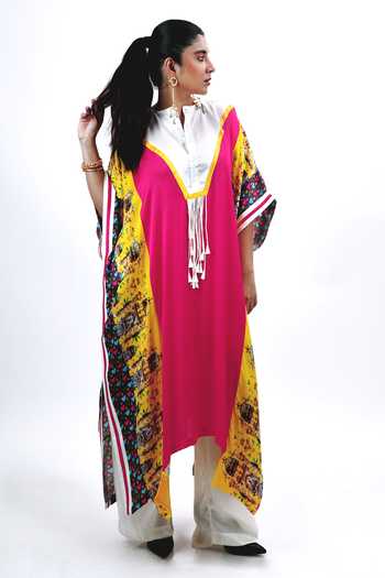 Buy_Saim_Pink Silk Split V-neck Panelled Kaftan And Trouser Set _Online_at_Aza_Fashions