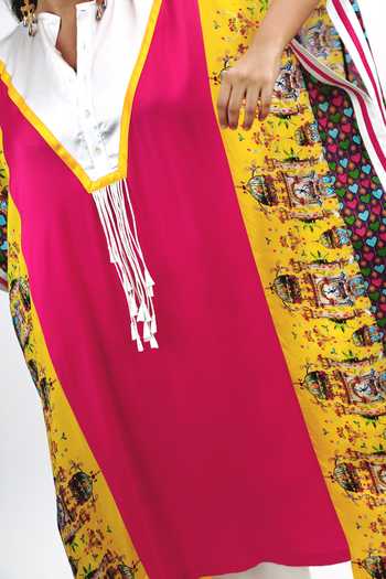 Shop_Saim_Pink Silk Split V-neck Panelled Kaftan And Trouser Set _Online_at_Aza_Fashions