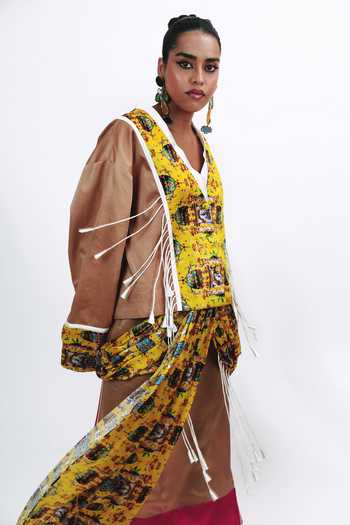 Saim Brown Silk V-neck Tassel Cropped Jacket And Skirt Set Online at Aza Fashions Saim_Brown Silk V-neck Tassel Cropped Jacket And Skirt Set _Online_at_Aza_Fashions