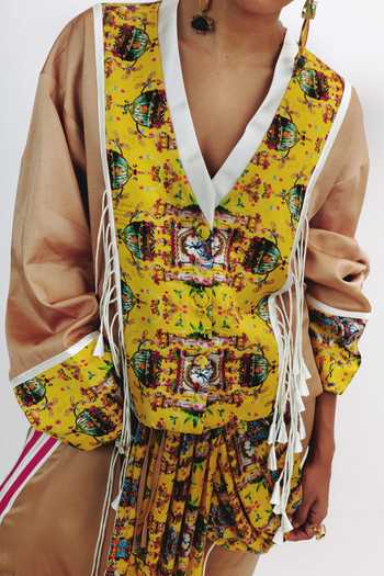 Buy Saim Brown Silk V-neck Tassel Cropped Jacket And Skirt Set Online at Aza Fashions Buy_Saim_Brown Silk V-neck Tassel Cropped Jacket And Skirt Set _Online_at_Aza_Fashions