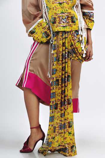Shop Saim Brown Silk V-neck Tassel Cropped Jacket And Skirt Set Online at Aza Fashions Shop_Saim_Brown Silk V-neck Tassel Cropped Jacket And Skirt Set _Online_at_Aza_Fashions