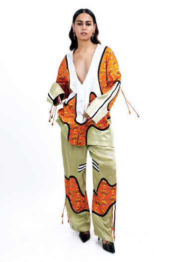 Buy_Saim_Multi Color Silk Plunge Neck Concentric Yoke Jacket And Trouser Set _Online_at_Aza_Fashions