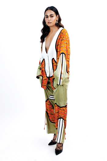 Shop_Saim_Multi Color Silk Plunge Neck Concentric Yoke Jacket And Trouser Set _Online_at_Aza_Fashions