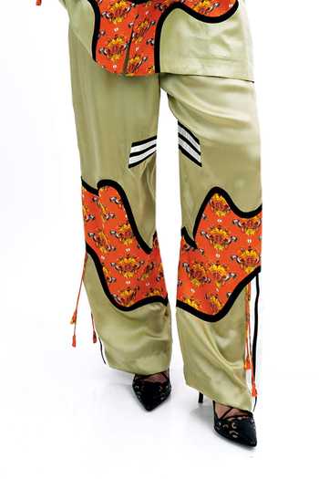 Saim_Multi Color Silk Plunge Neck Concentric Yoke Jacket And Trouser Set _at_Aza_Fashions